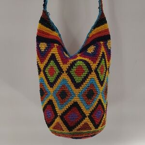 Woven Bucket HOBO Bag Zip Top Flat Bottom Multicolor Boho